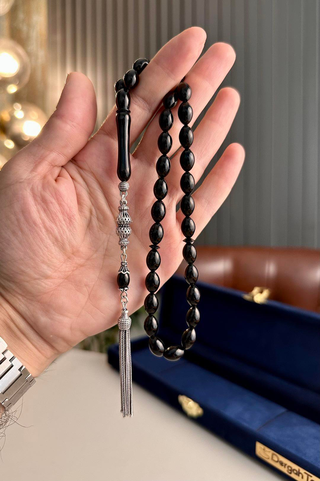 Beyzi Model Erzurum  Oltu Taşı Gümüş Tasarım Tesbih  7x10 mm