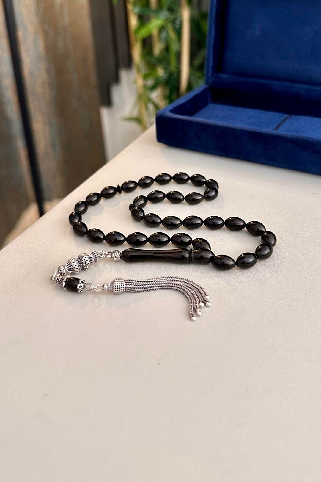 Beyzi Model Erzurum  Oltu Taşı Gümüş Tasarım Tesbih  7x10 mm