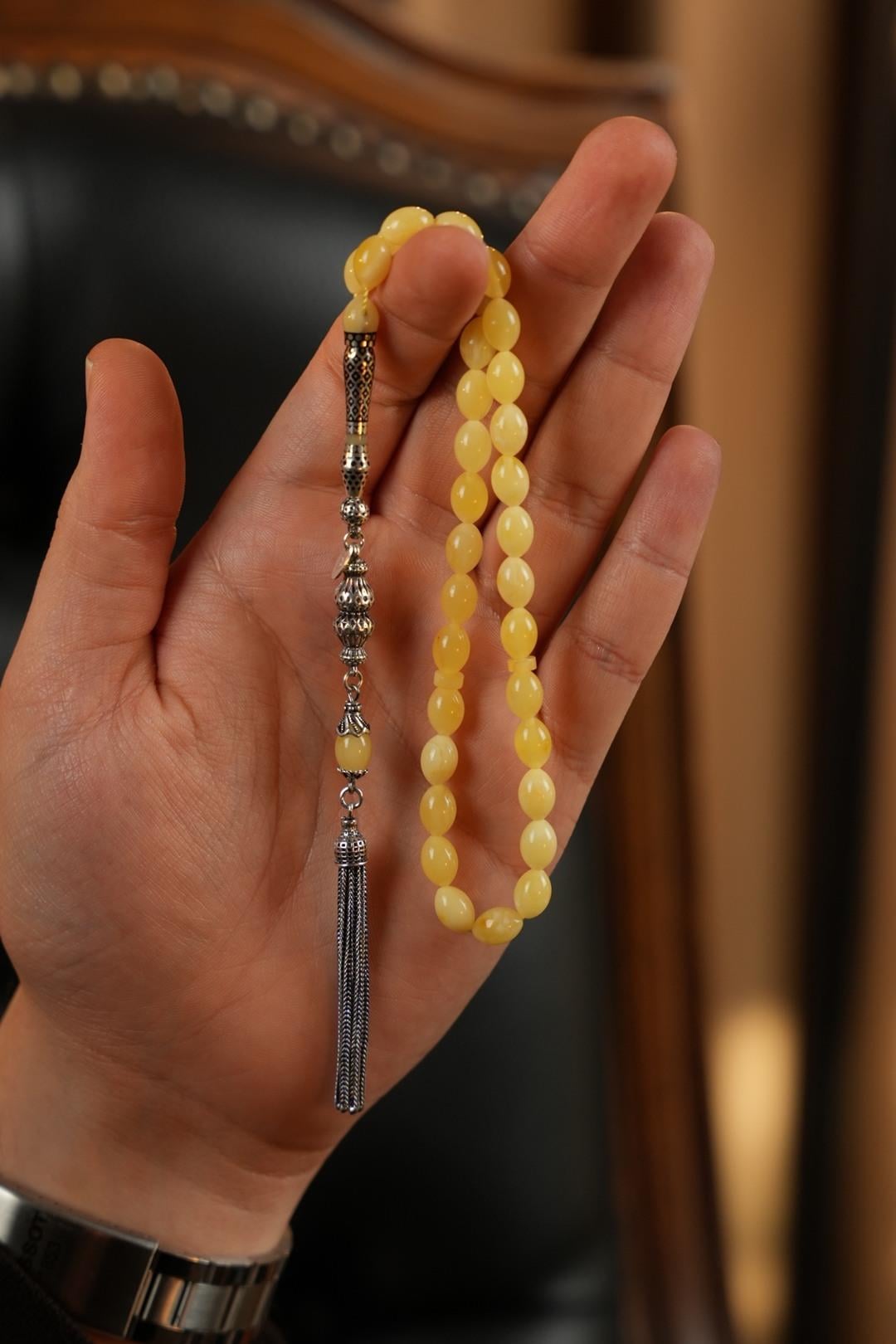 Bilek Boy Nakkaş İmame Gümüş Tasarım Damla Kehribar Tesbih  (Amber), (مسبحة قطرة كهريبار)