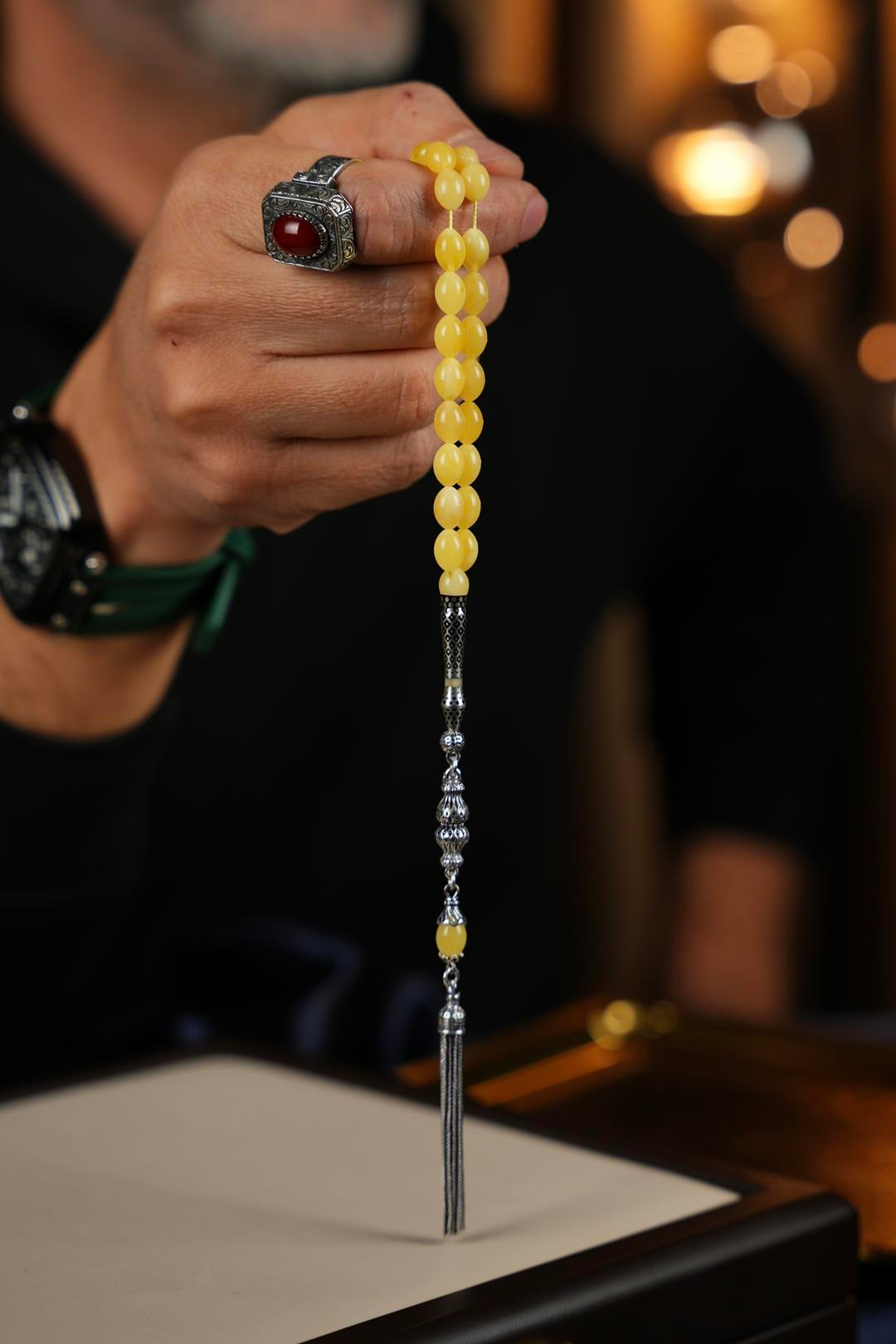 Bilek Boy Nakkaş İmame Gümüş Tasarım Damla Kehribar Tesbih  (Amber), (مسبحة قطرة كهريبار)