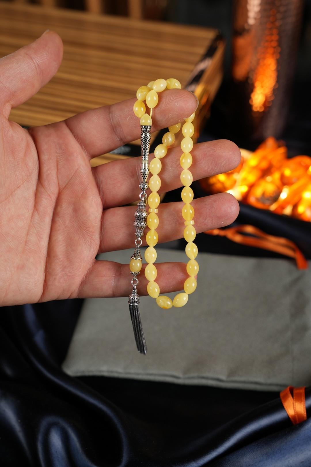 Bilek Boy Nakkaş İmame Gümüş Tasarım Damla Kehribar Tesbih  (Amber), (مسبحة قطرة كهريبار)