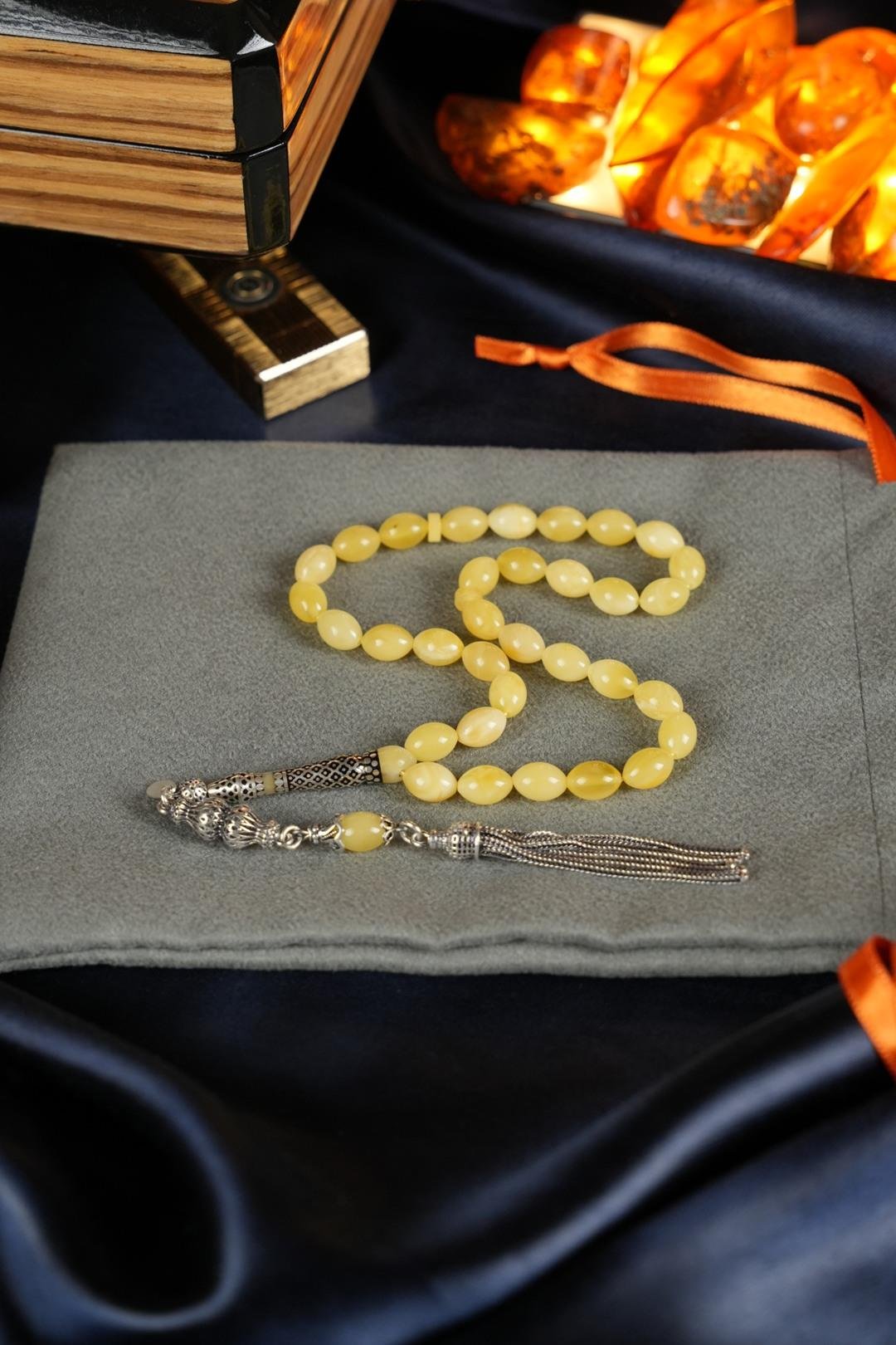 Bilek Boy Nakkaş İmame Gümüş Tasarım Damla Kehribar Tesbih  (Amber), (مسبحة قطرة كهريبار)