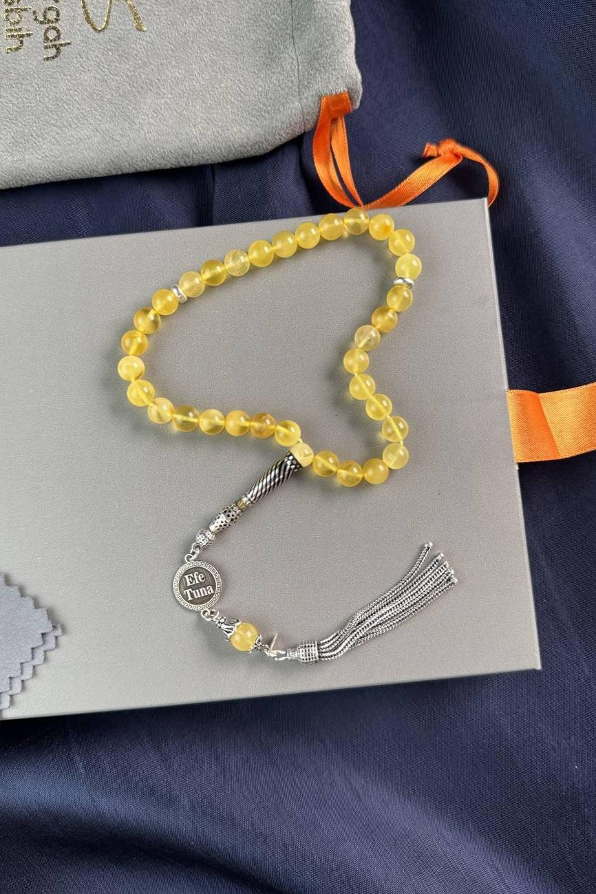 Bilek Boy Nakkaş İmame Kişiye Özel İsimli Tasarım Damla Kehribar Tesbih  (Amber), (مسبحة قطرة كهريبار)
