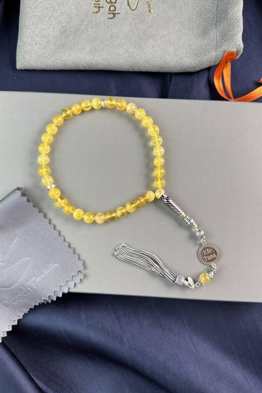 Bilek Boy Nakkaş İmame Kişiye Özel İsimli Tasarım Damla Kehribar Tesbih  (Amber), (مسبحة قطرة كهريبار)