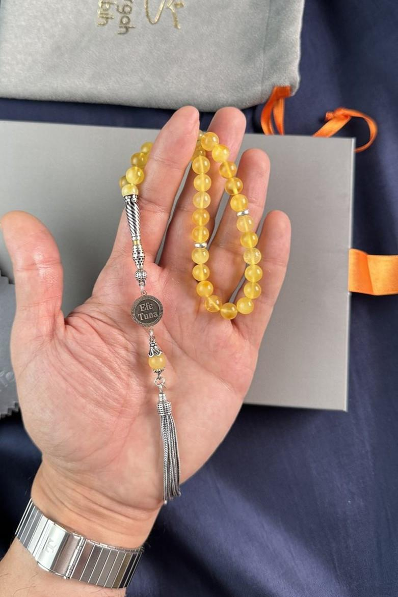Bilek Boy Nakkaş İmame Kişiye Özel İsimli Tasarım Damla Kehribar Tesbih  (Amber), (مسبحة قطرة كهريبار)
