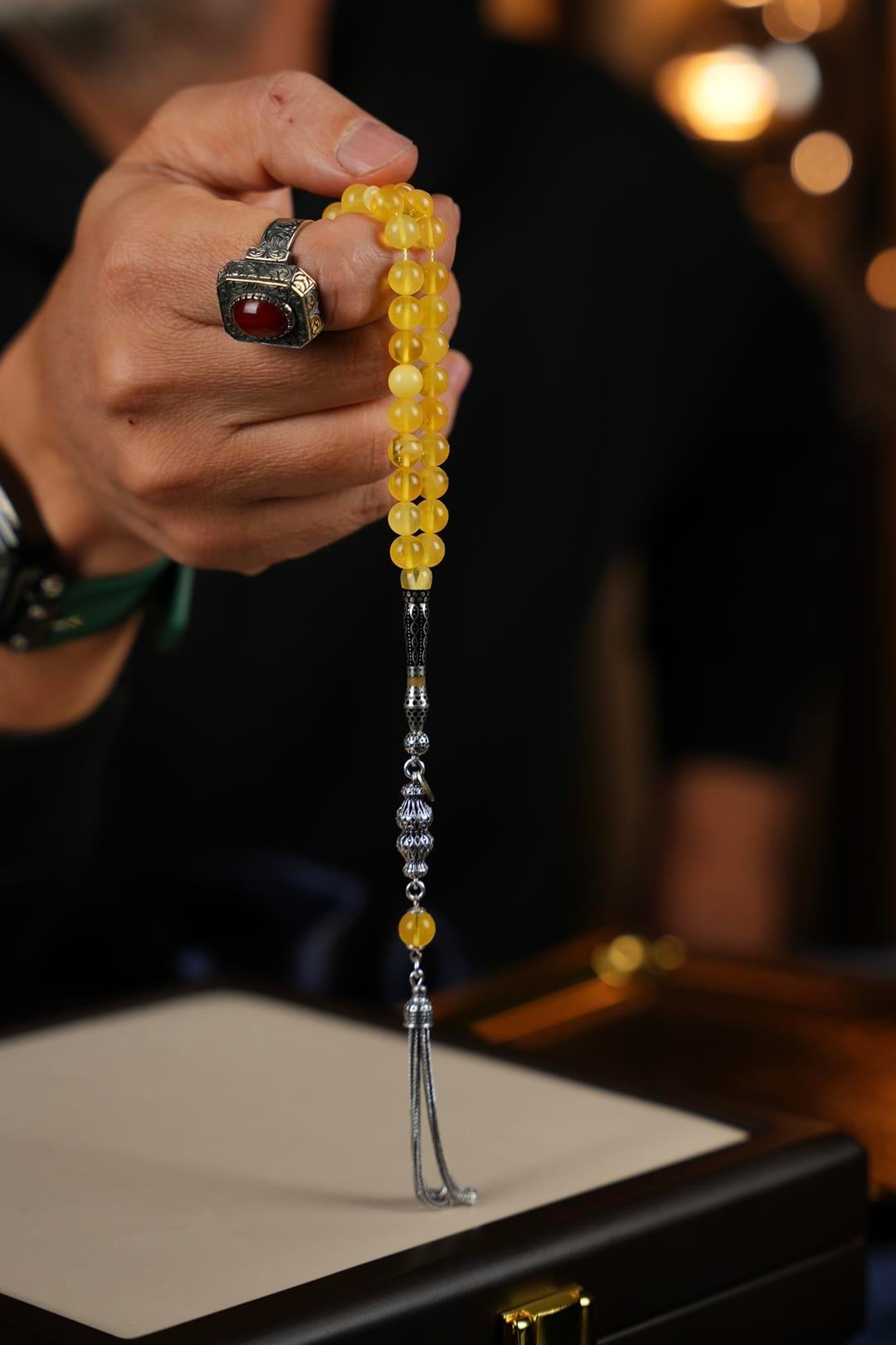 Bilek Boy Özel Nakkaş Tasarım İmame Orjinal Damla Kehribar Tesbih  (Amber), (مسبحة قطرة كهريبار)