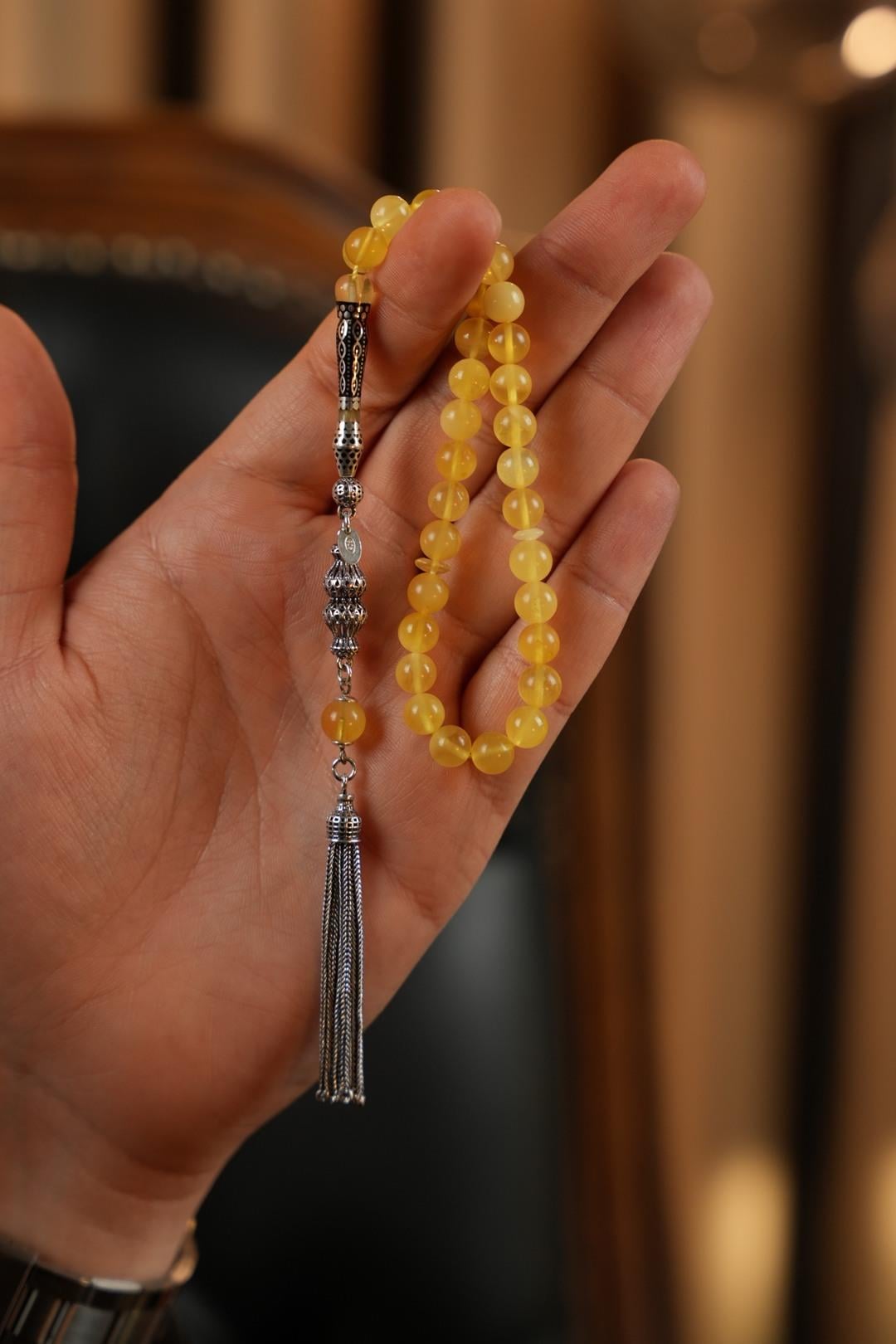 Bilek Boy Özel Nakkaş Tasarım İmame Orjinal Damla Kehribar Tesbih  (Amber), (مسبحة قطرة كهريبار)