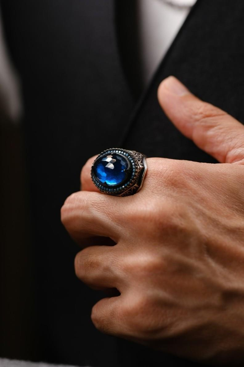 Çelebi Serisi El İşçiliği Mavi Taşlı 925 Ayar Gümüş Yüzük