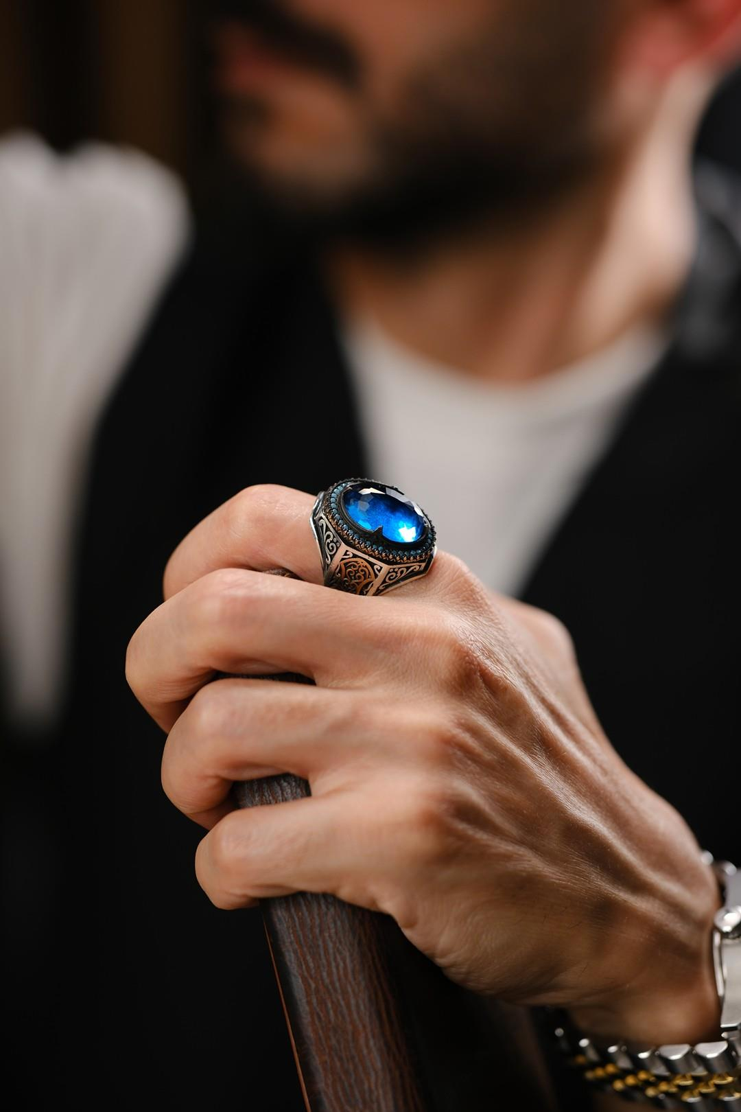 Çelebi Serisi El İşçiliği Mavi Taşlı 925 Ayar Gümüş Yüzük