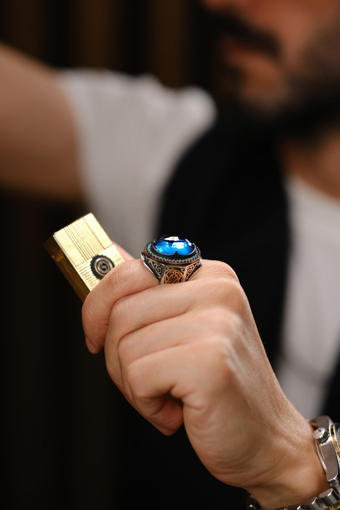 Çelebi Serisi El İşçiliği Mavi Taşlı 925 Ayar Gümüş Yüzük