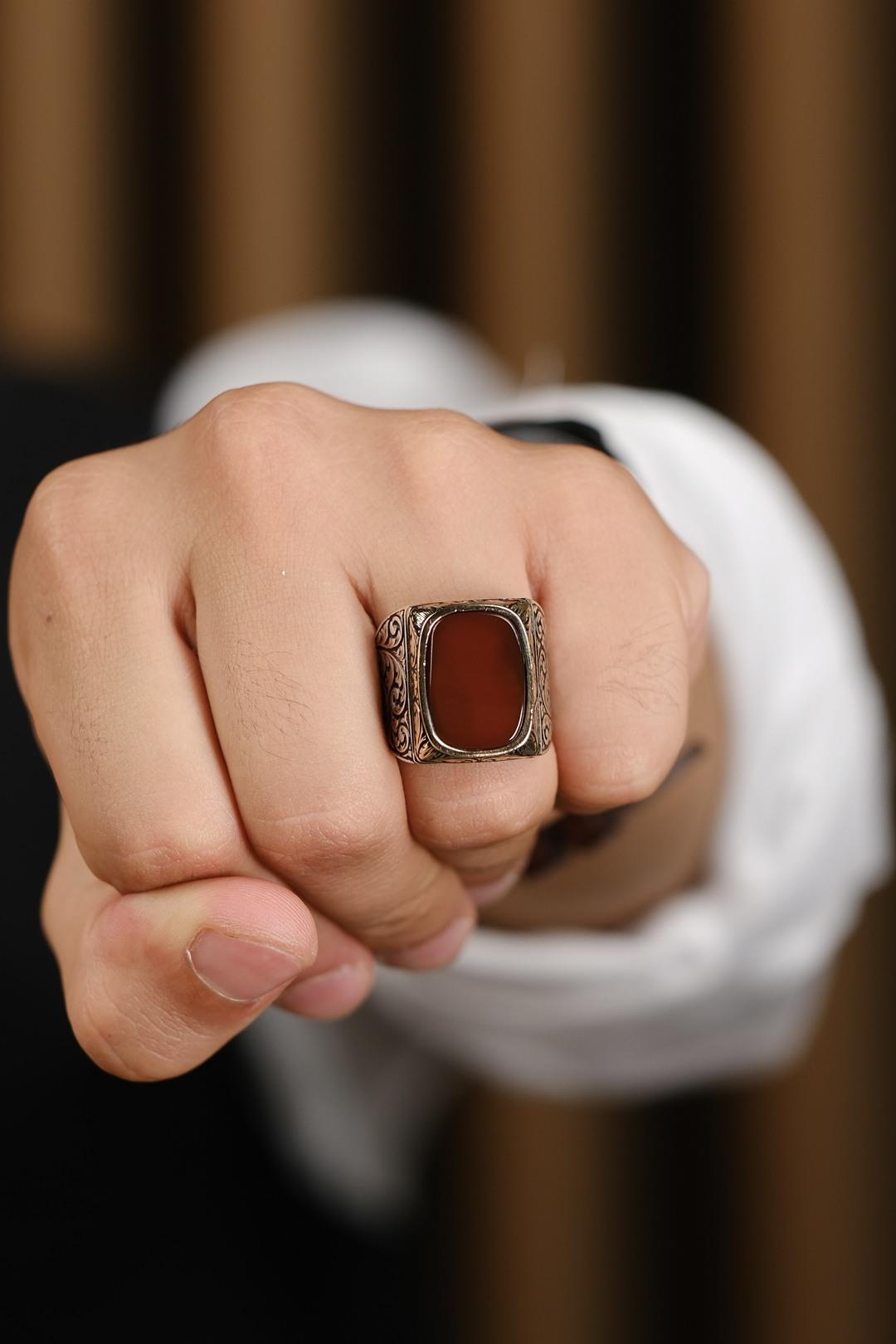 Cengaver Serisi El İşçiliği Akik Taşlı 925 Ayar Gümüş Yüzük