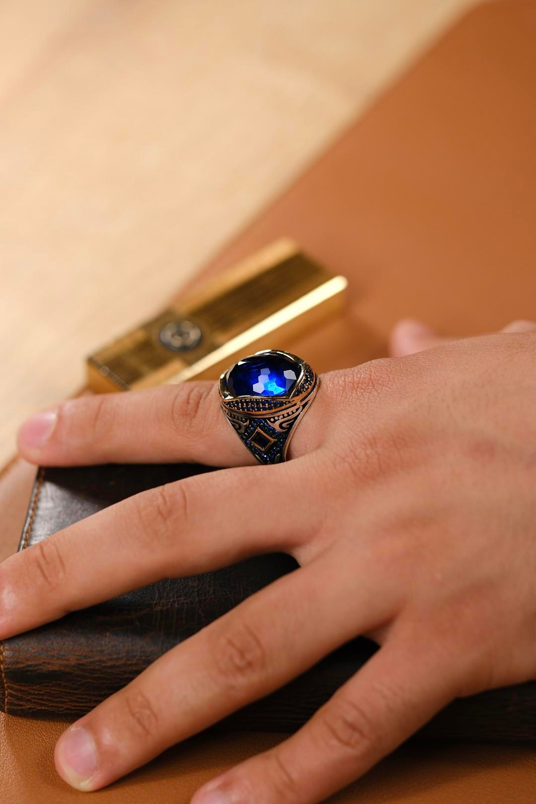 Cihandar Serisi El İşçiliği Mavi Taşlı 925 Ayar Gümüş Yüzük