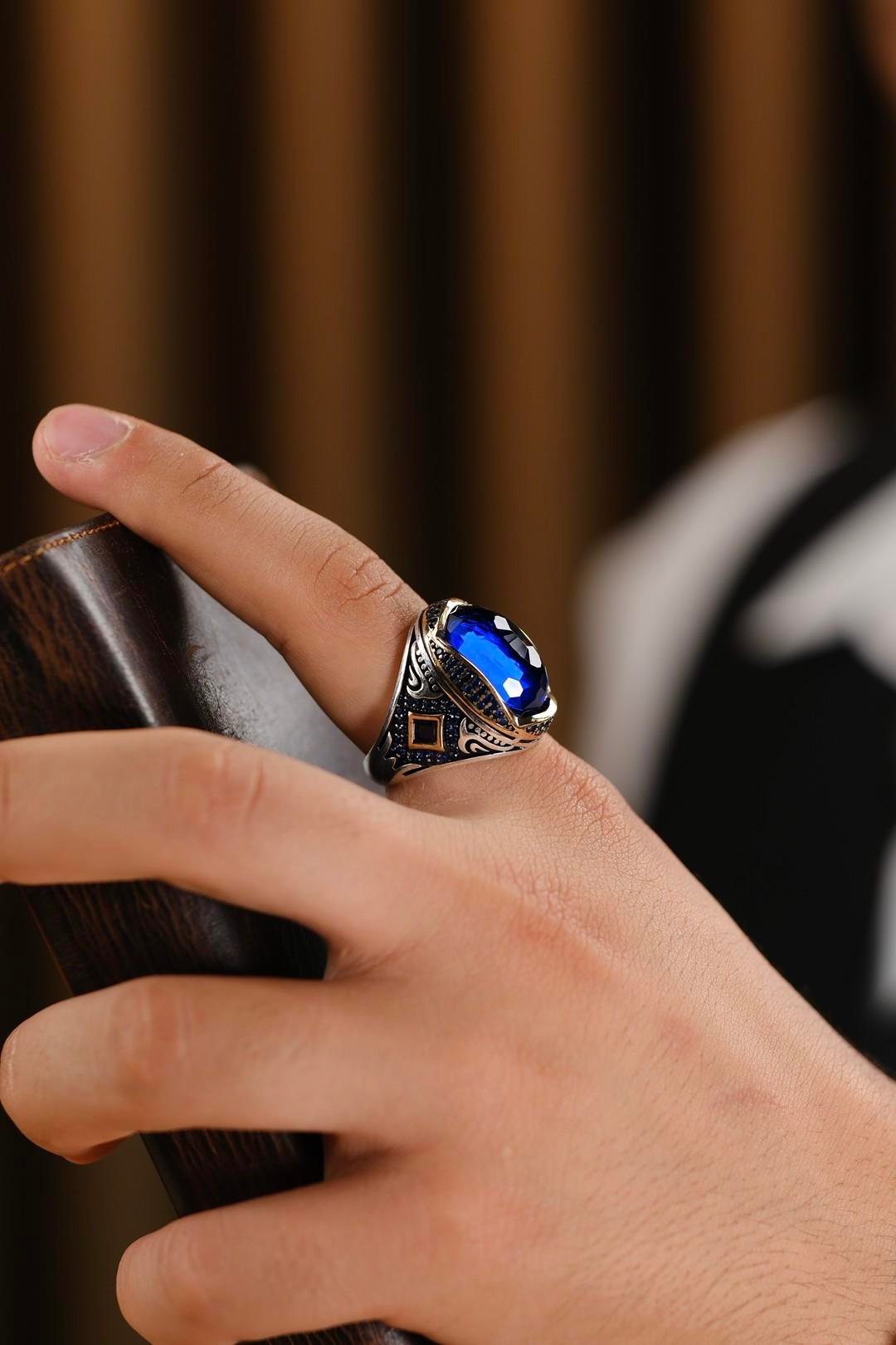 Cihandar Serisi El İşçiliği Mavi Taşlı 925 Ayar Gümüş Yüzük