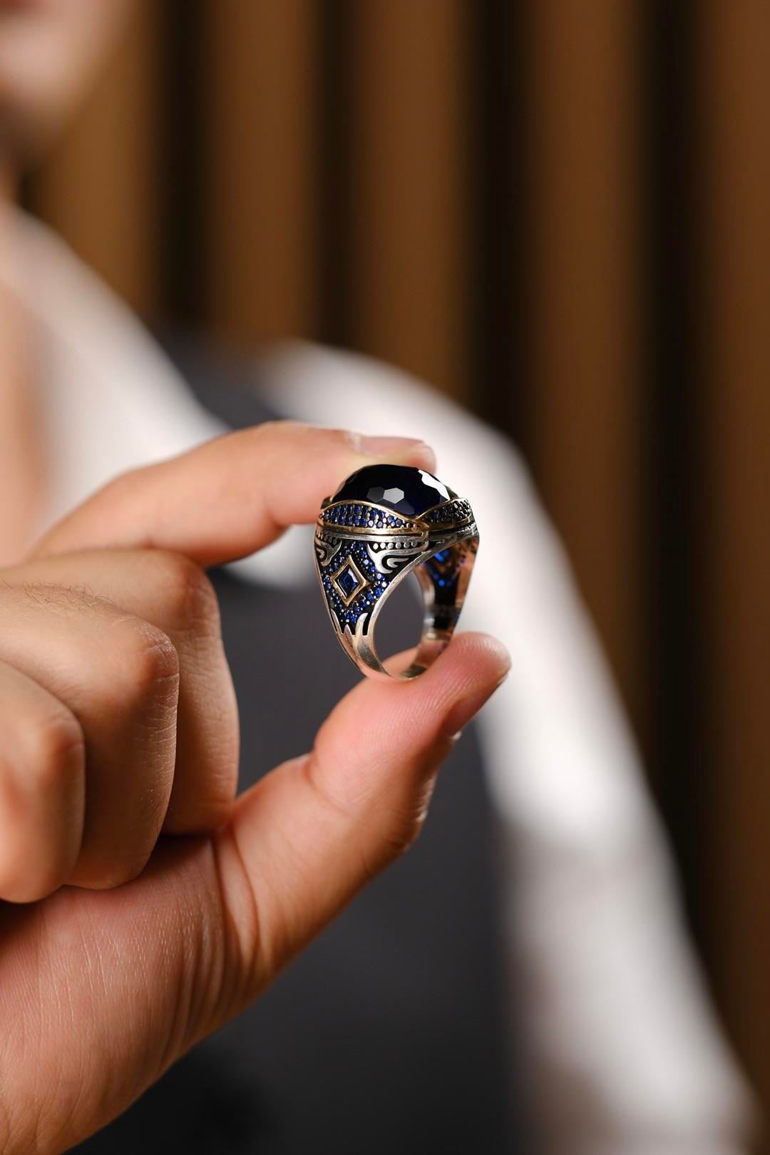 Cihandar Serisi El İşçiliği Mavi Taşlı 925 Ayar Gümüş Yüzük