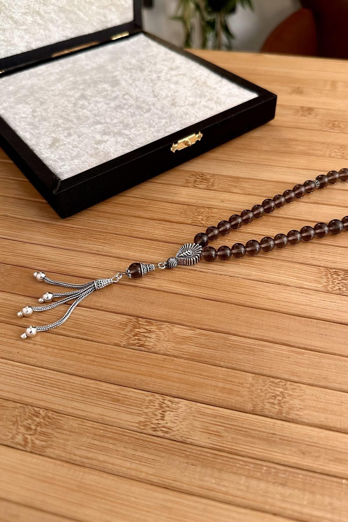 Dumanlı Kuvars Doğal Taş Gümüş Tasarım Tesbih