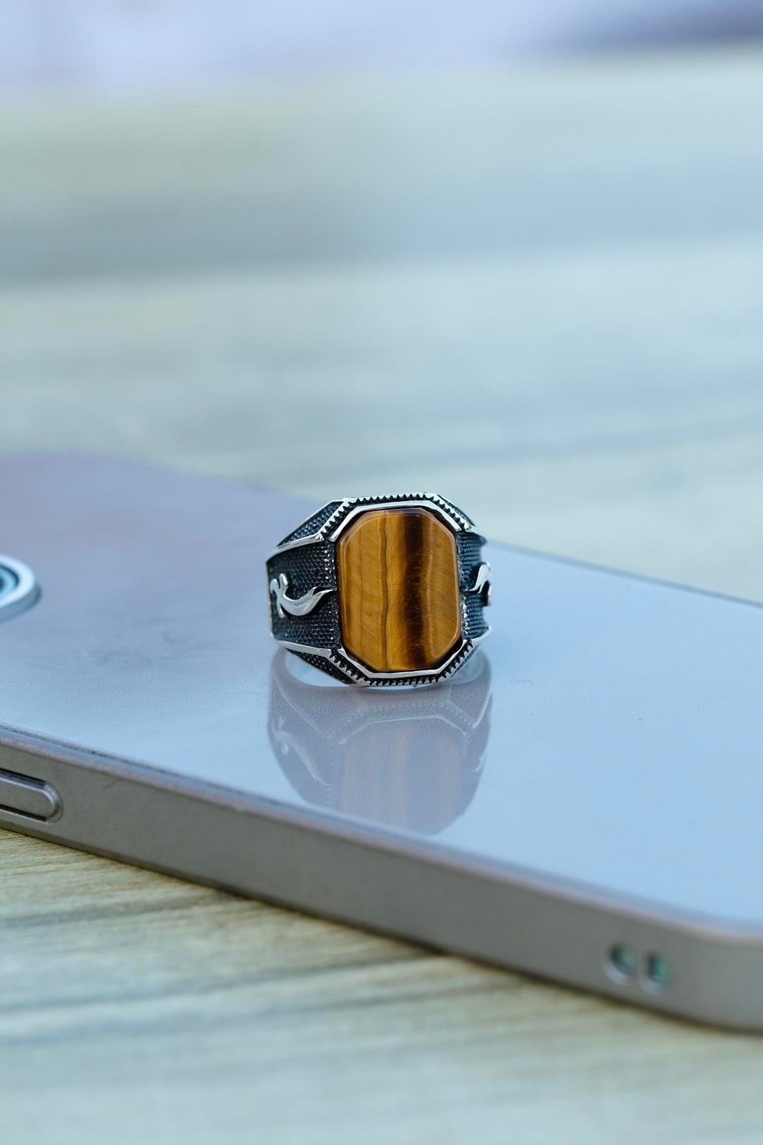 El işçiliği Kaplan Gözü Taşlı Zülfikar Kılıcı Tasarım Gümüş Yüzük