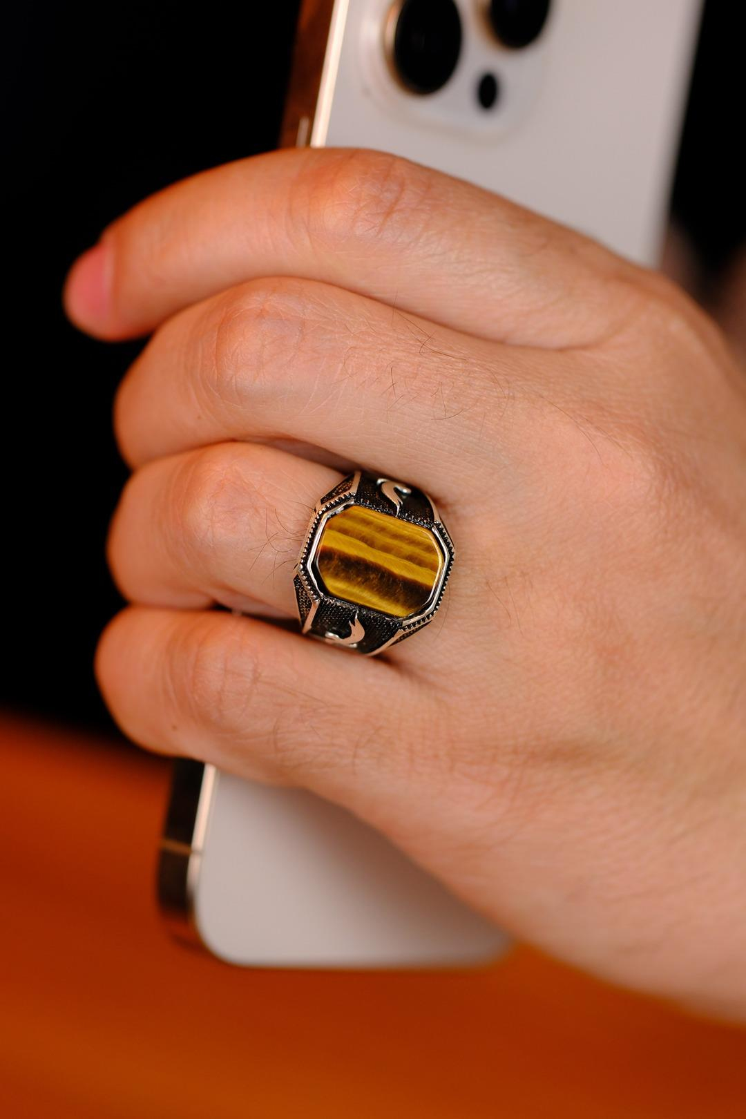 El işçiliği Kaplan Gözü Taşlı Zülfikar Kılıcı Tasarım Gümüş Yüzük