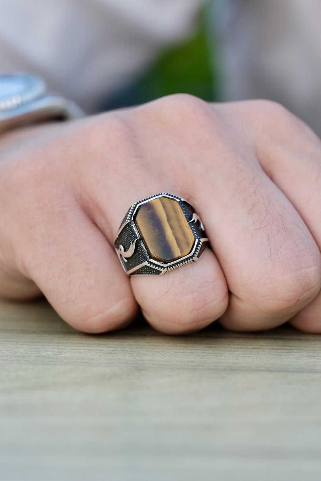 El işçiliği Kaplan Gözü Taşlı Zülfikar Kılıcı Tasarım Gümüş Yüzük