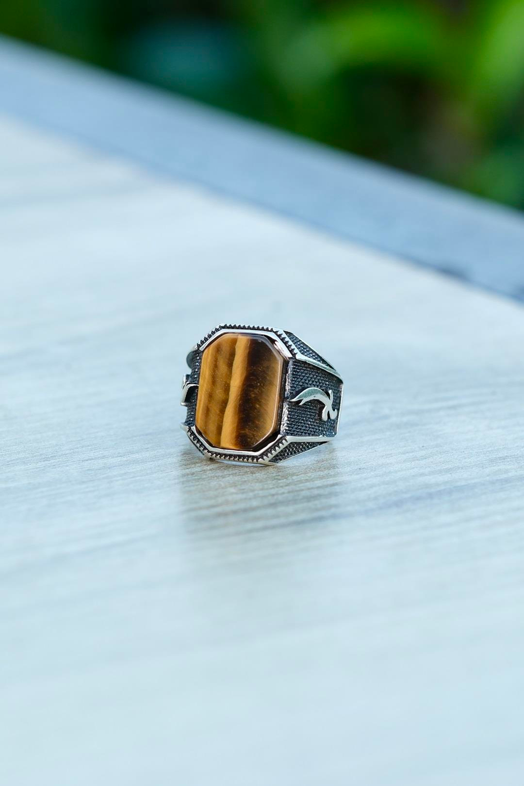 El işçiliği Kaplan Gözü Taşlı Zülfikar Kılıcı Tasarım Gümüş Yüzük