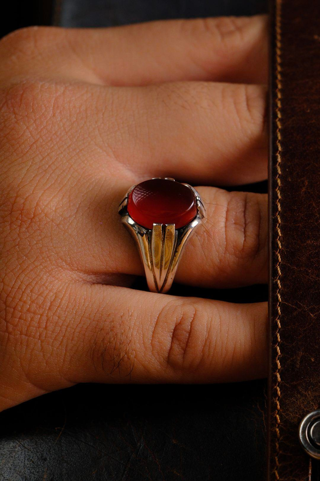 Usta İşçilik Özel Akik Taşlı Tasarım 925 Ayar Gümüş Yüzük 2