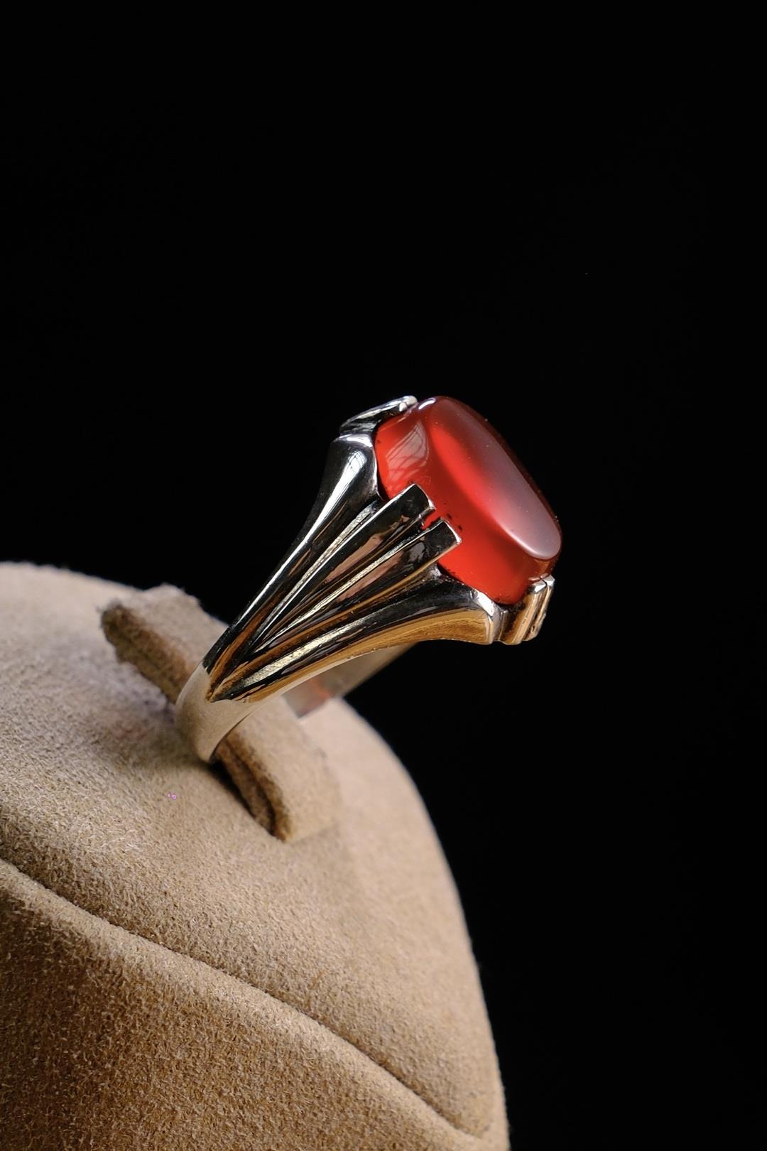 Usta İşçilik Özel Akik Taşlı Tasarım 925 Ayar Gümüş Yüzük 2