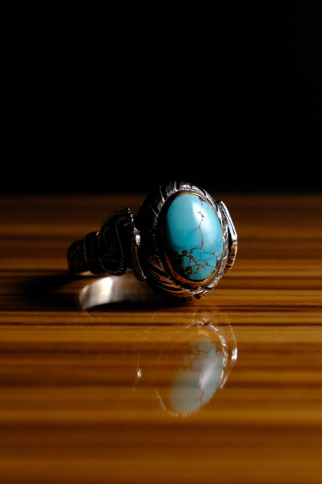 Usta İşçilik Özel Serçe Parmak Firuze Taşlı Tasarım 925 Ayar Gümüş Yüzük 3