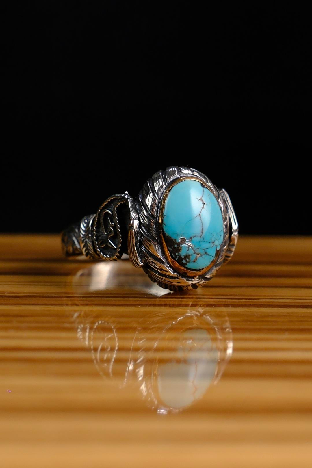 Usta İşçilik Özel Serçe Parmak Firuze Taşlı Tasarım 925 Ayar Gümüş Yüzük 3