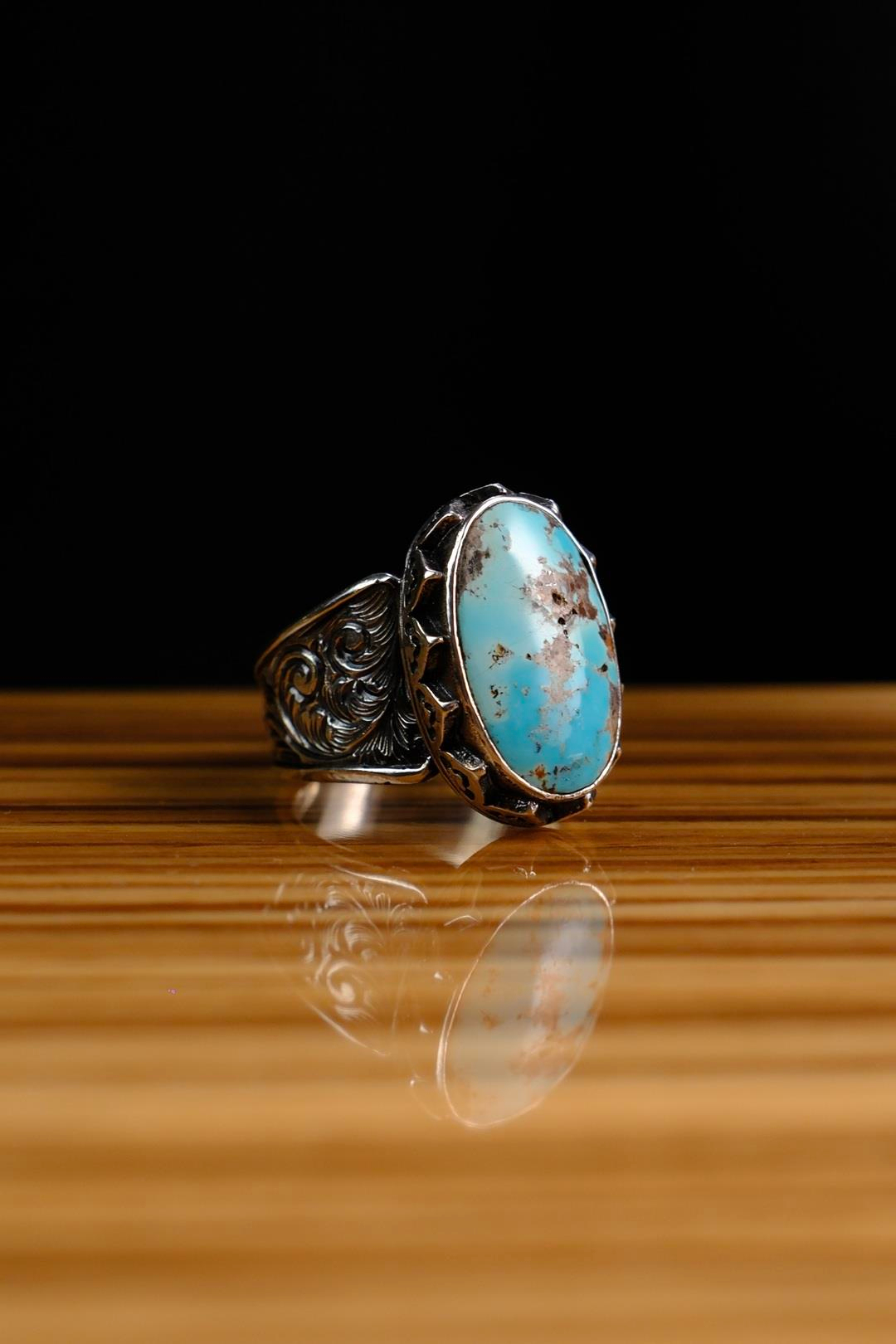 Usta İşçilik Özel Firuze Taşlı Tasarım 925 Ayar Gümüş Yüzük