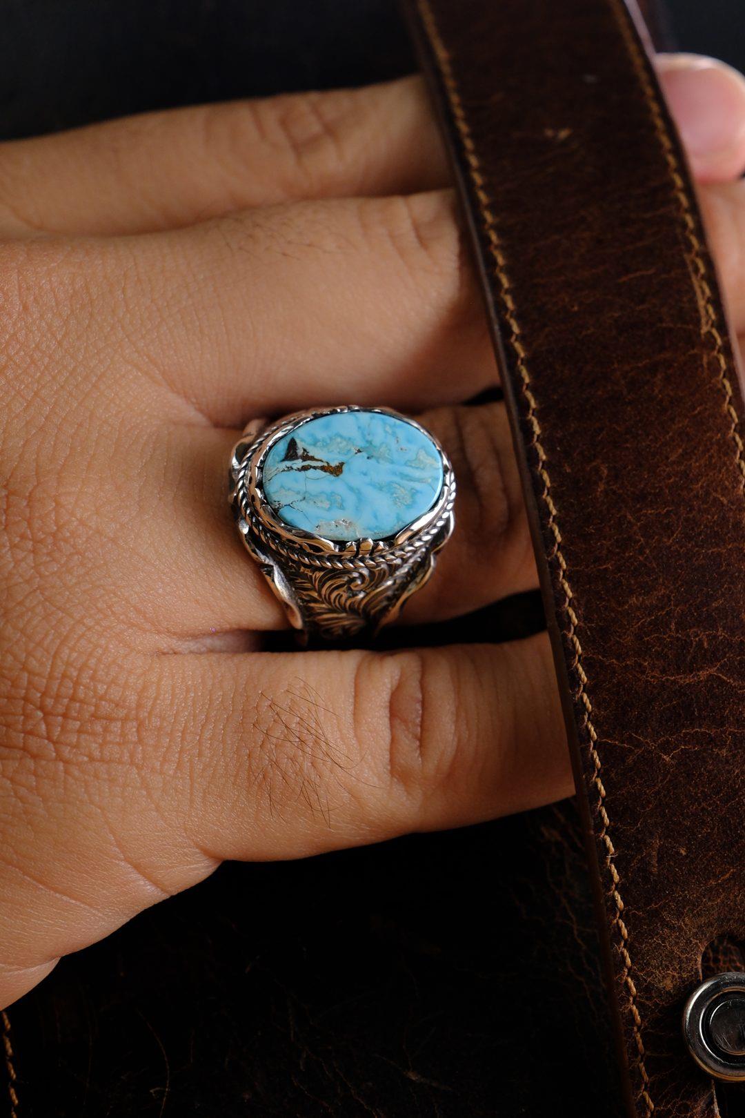 Usta İşçilik Özel Firuze Taşlı Tasarım 925 Ayar Gümüş Yüzük 2