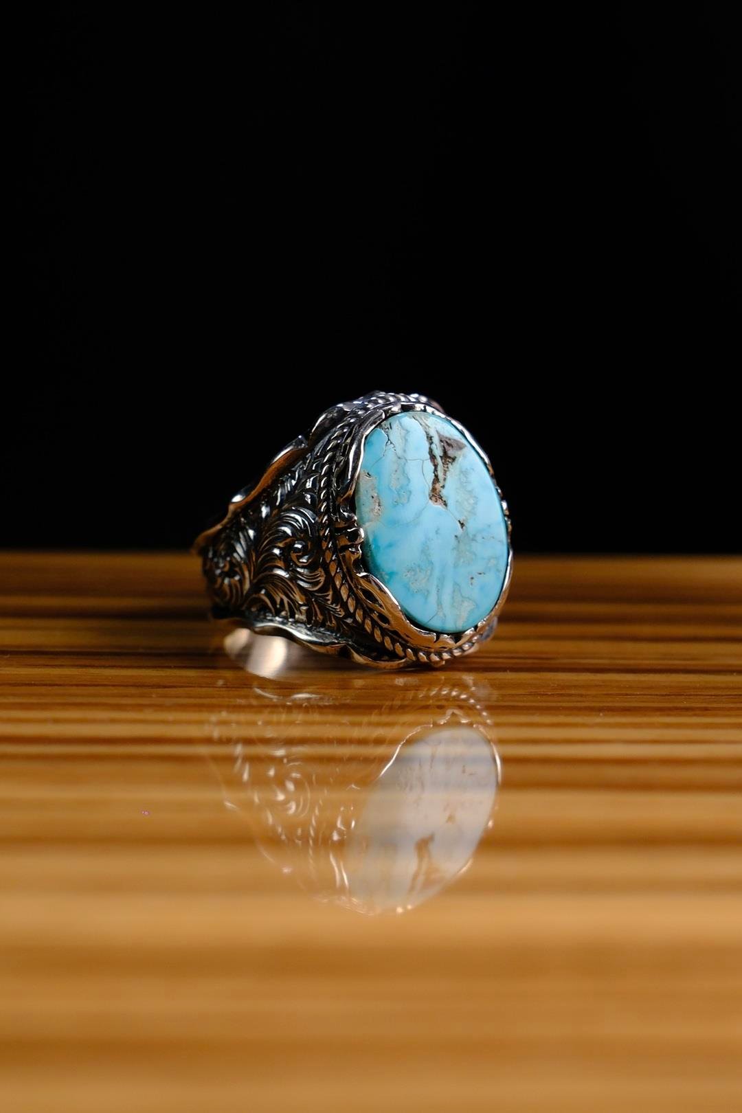 Usta İşçilik Özel Firuze Taşlı Tasarım 925 Ayar Gümüş Yüzük 2