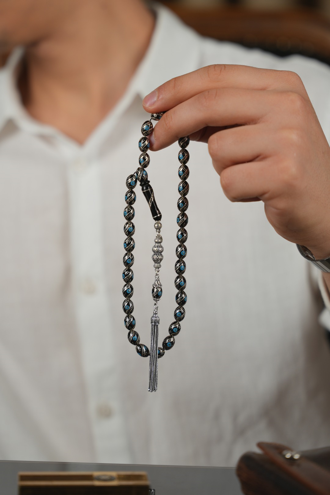 Erzurum Oltu Taşı  Full Gümüş Firuze  İşleme Tesbih