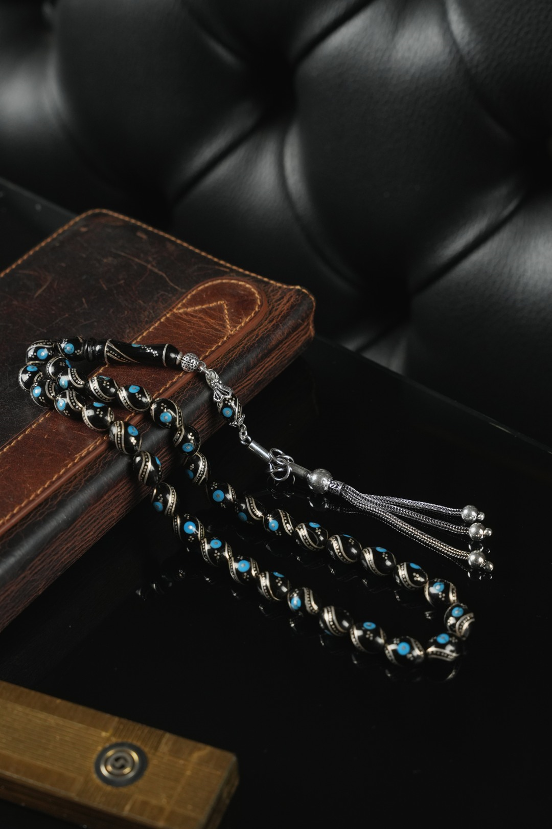 Erzurum Oltu Taşı  Full Gümüş Firuze İşleme  Beyzi Model Tesbih