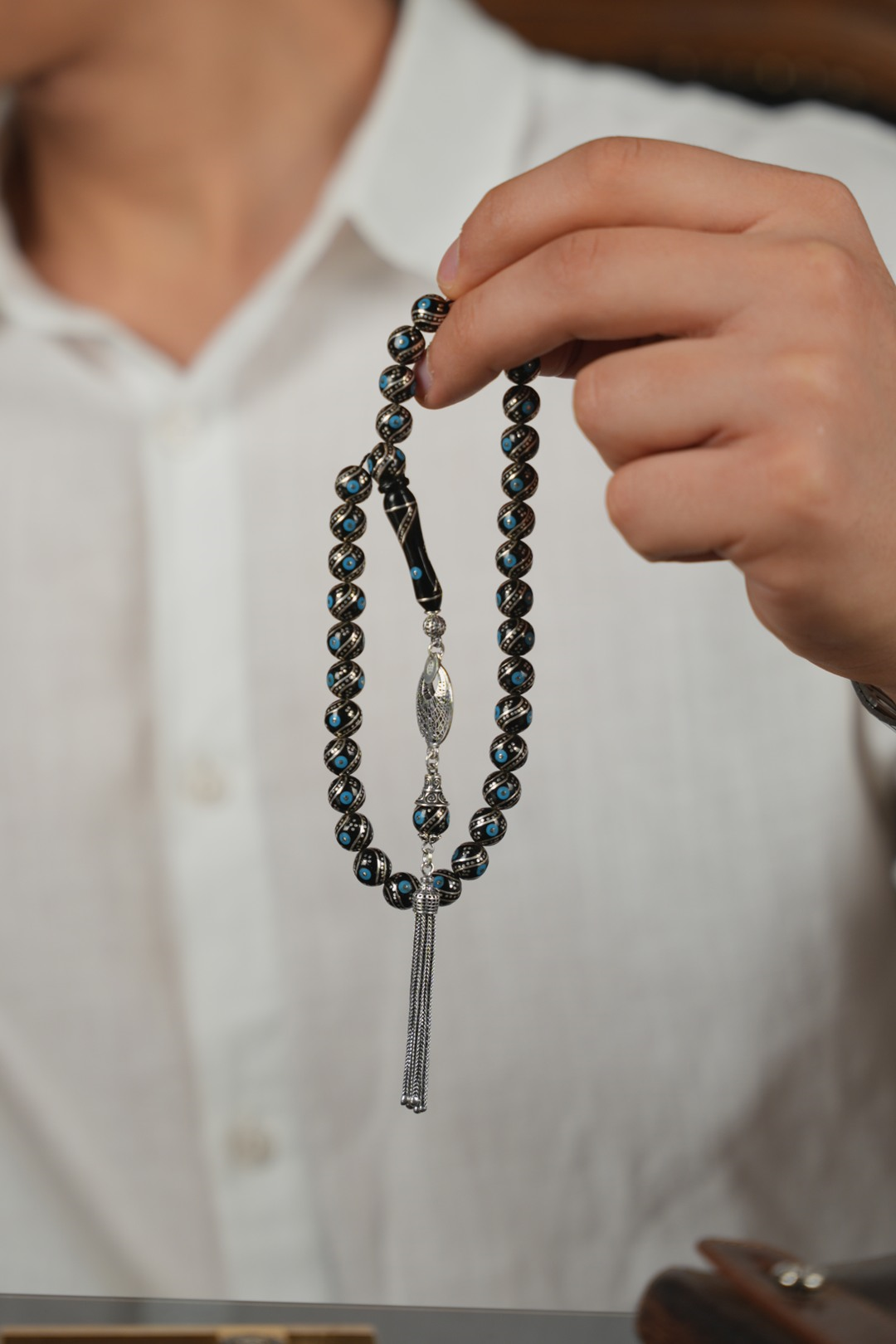 Erzurum Oltu Taşı  Full Gümüş Firuze İşleme Küre Model Tesbih