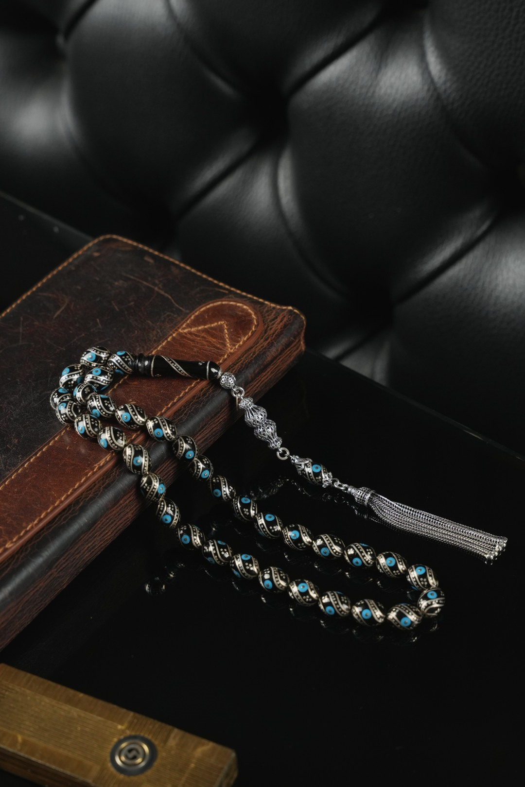 Erzurum Oltu Taşı  Full Gümüş Firuze  İşleme Tesbih