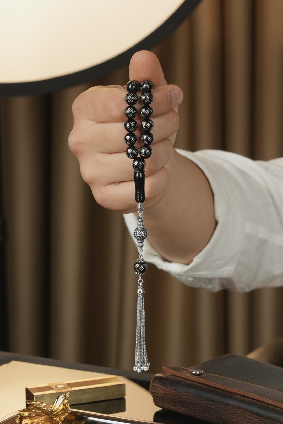 Erzurum Oltu Taşı  Full Gümüş İşleme ve Gümüş Püskül Tasarım Tesbih