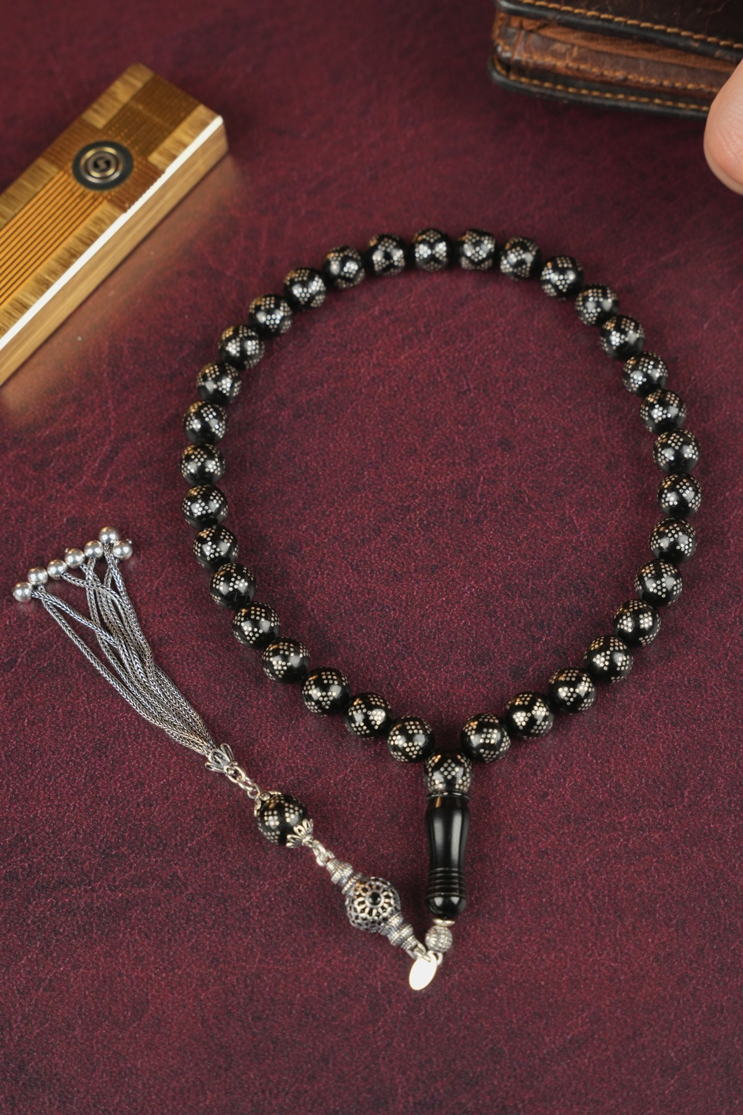 Erzurum Oltu Taşı  Full Gümüş İşleme ve Gümüş Püskül Tasarım Tesbih