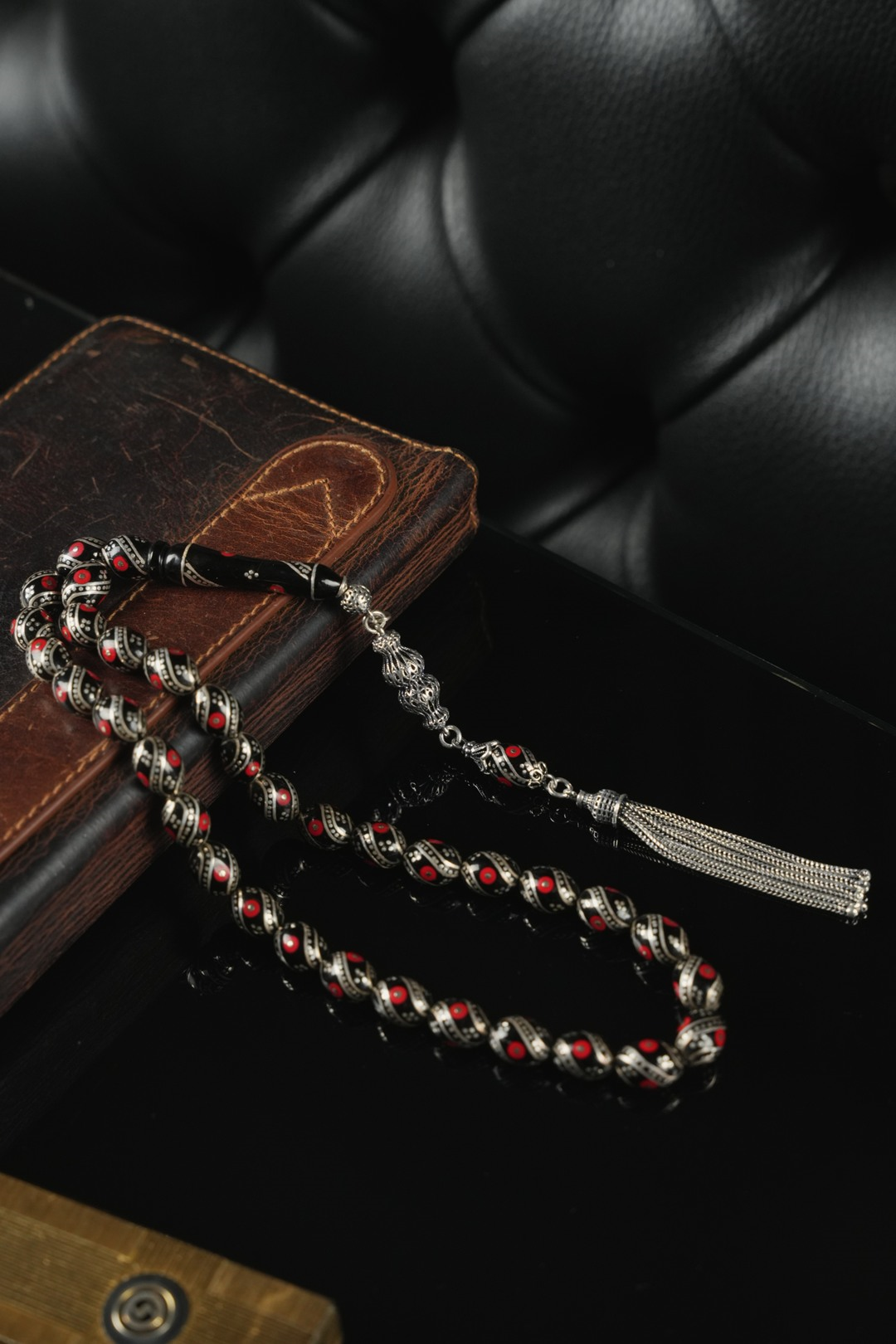 Erzurum Oltu Taşı  Full Gümüş Mercan İşleme Tesbih