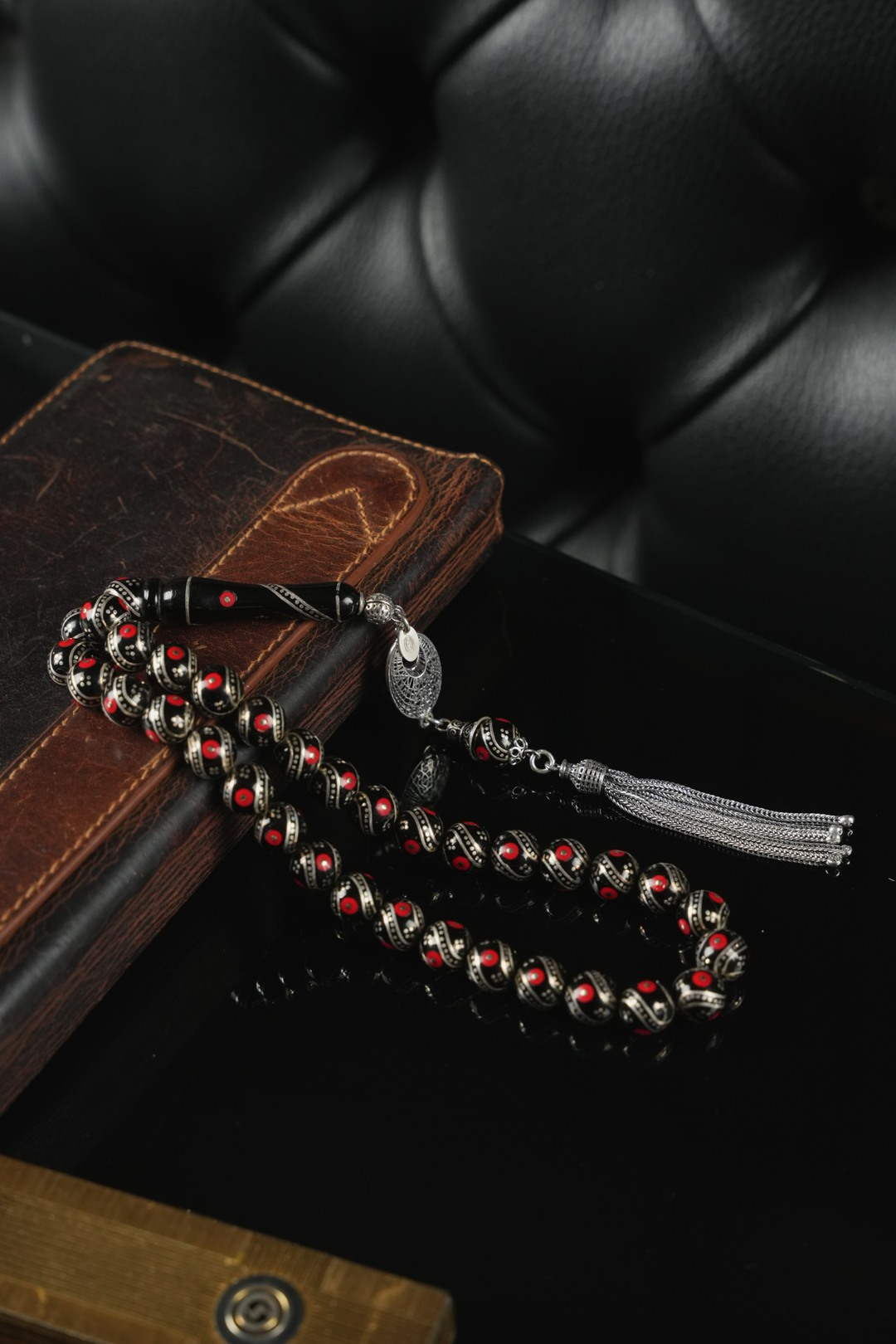 Erzurum Oltu Taşı  Full Gümüş Mercan İşleme Küre Model Tesbih