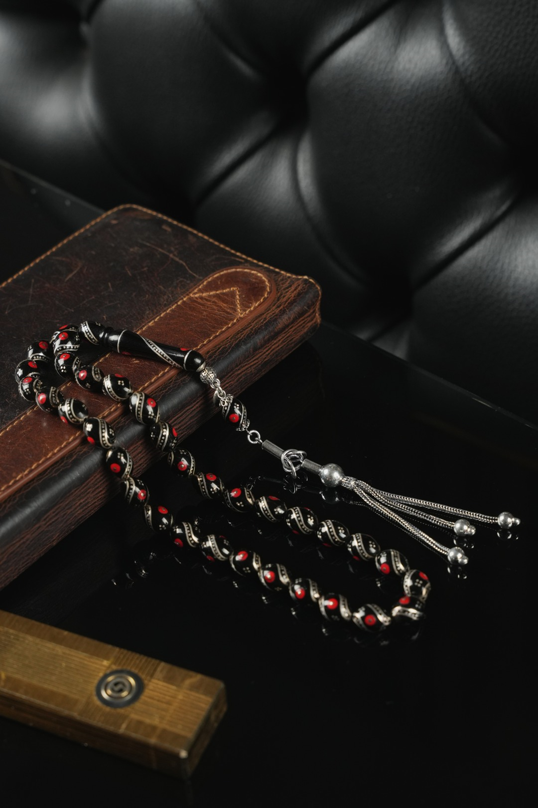 Erzurum Oltu Taşı  Full Gümüş Mercan İşleme Beyzi Model Tesbih