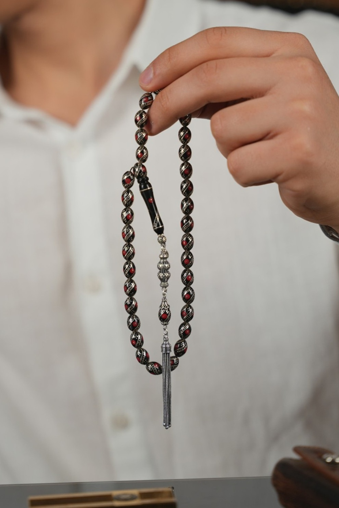 Erzurum Oltu Taşı  Full Gümüş Mercan İşleme Tesbih