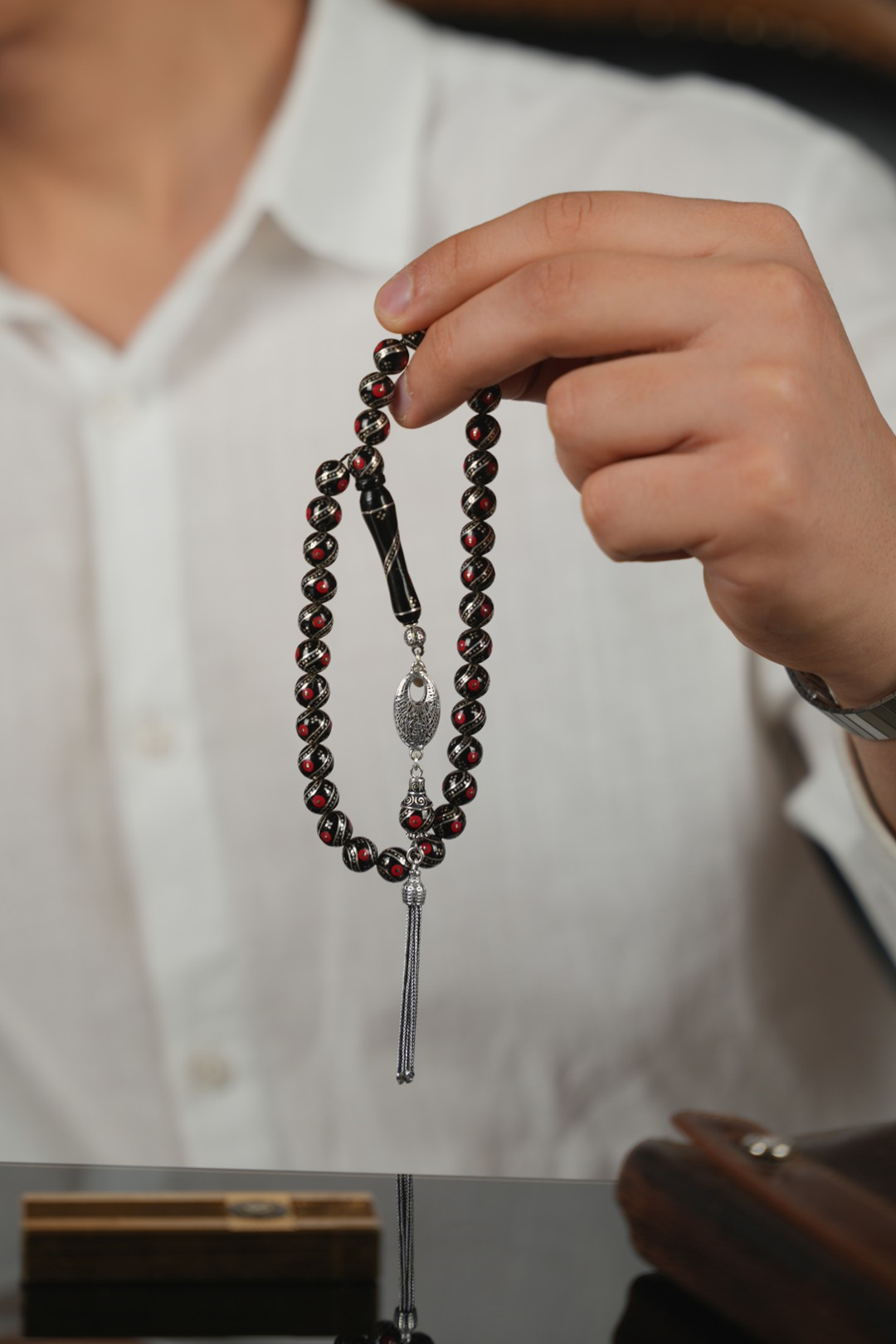 Erzurum Oltu Taşı  Full Gümüş Mercan İşleme Küre Model Tesbih