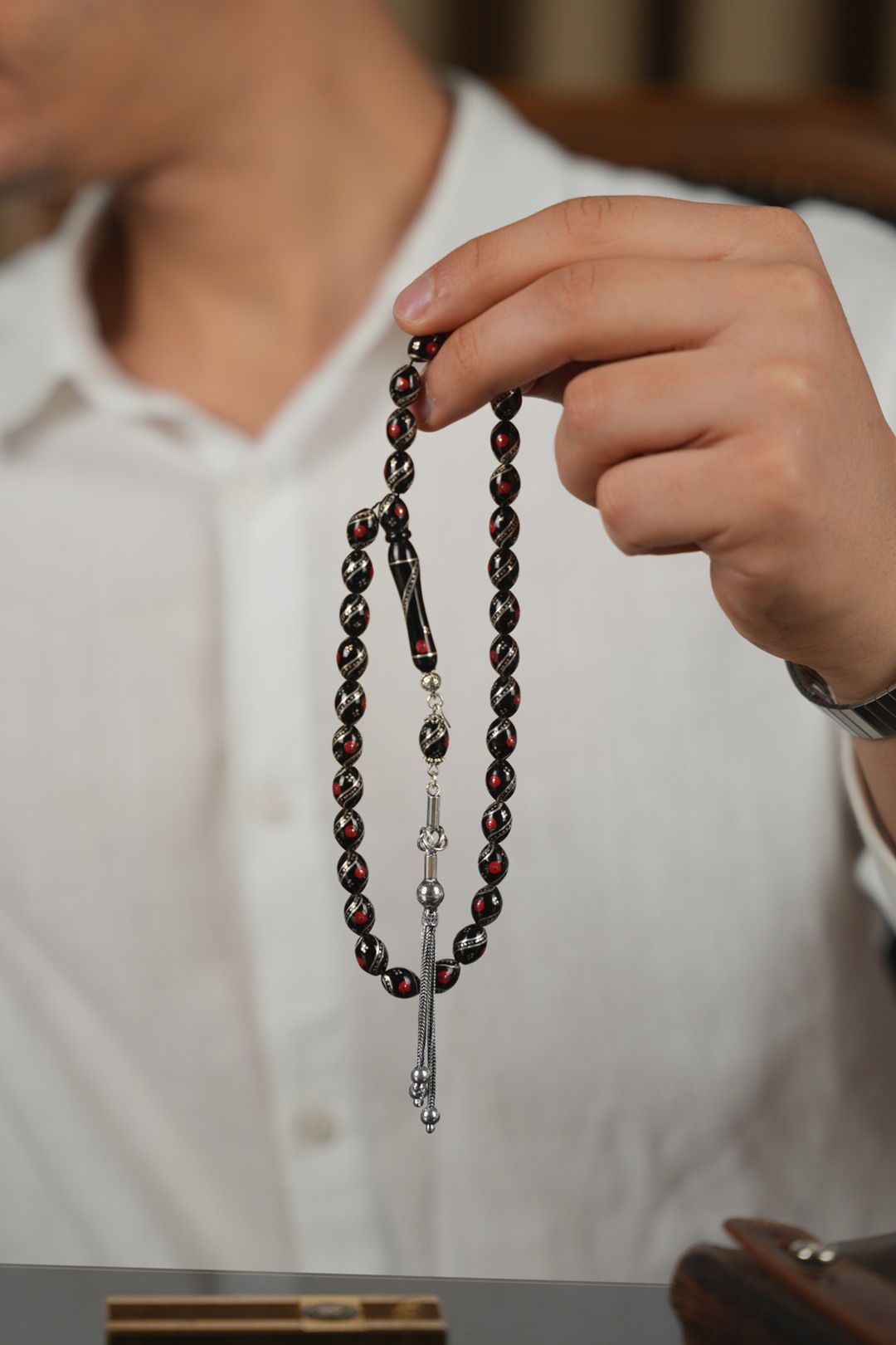 Erzurum Oltu Taşı  Full Gümüş Mercan İşleme Beyzi Model Tesbih