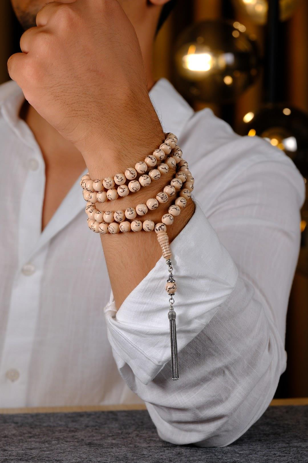 Esmaül Hüsna İşleme Özel Gümüş Tasarım 99`luk Sıkma Kehribar Namaz Tesbihi 