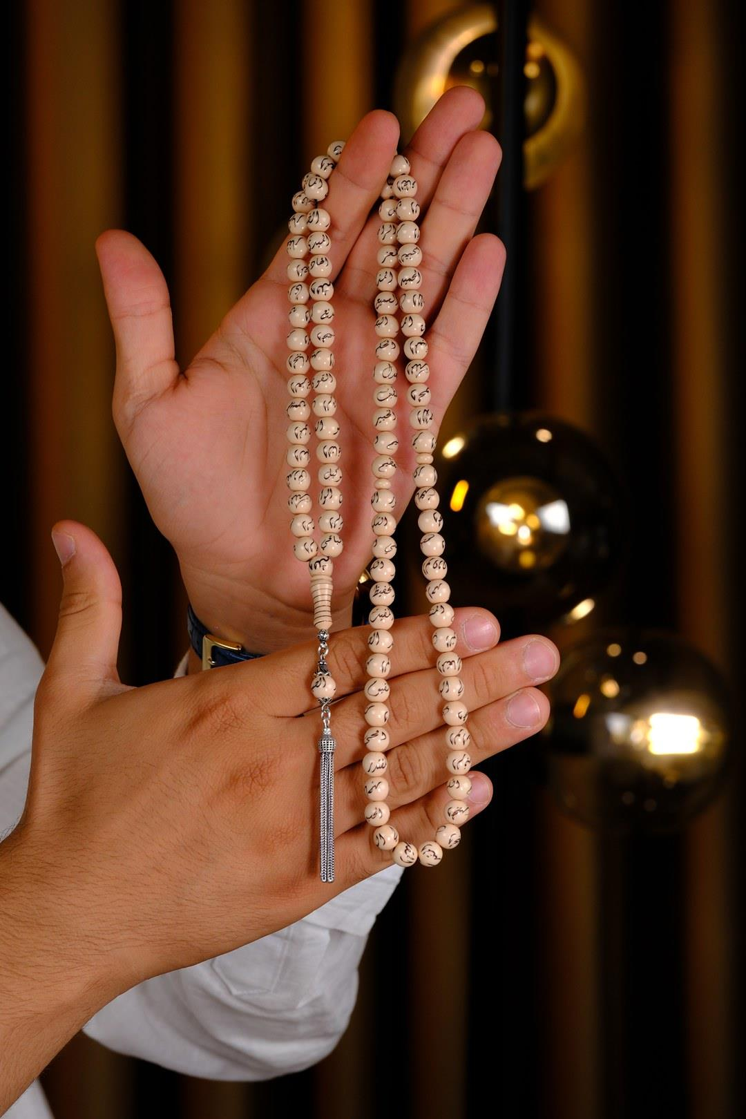 Esmaül Hüsna İşleme Özel Gümüş Tasarım 99`luk Sıkma Kehribar Namaz Tesbihi 