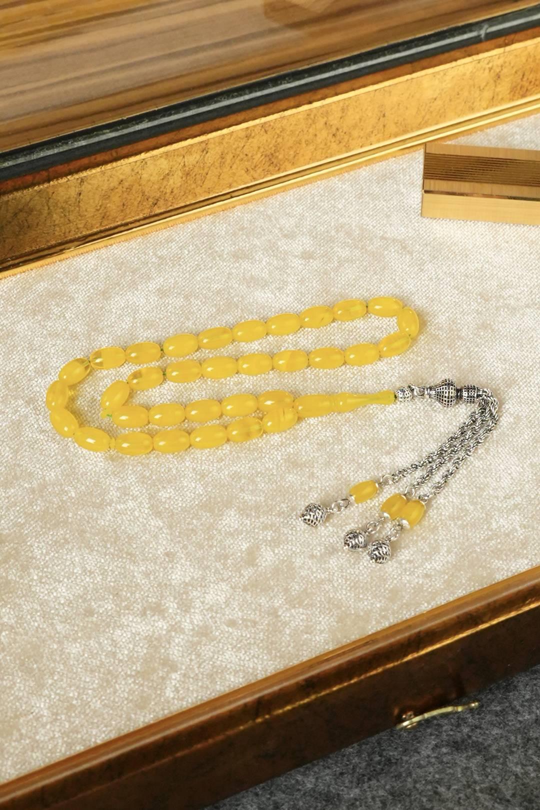 Eşref Serisi Gümüş Tasarım Hareli Sarı Sıkma Kehribar Tesbih