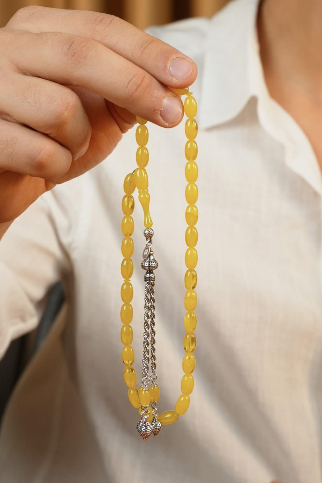 Eşref Serisi Gümüş Tasarım Hareli Sarı Sıkma Kehribar Tesbih