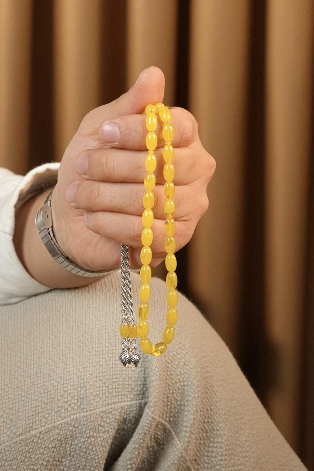 Eşref Serisi Gümüş Tasarım Hareli Sarı Sıkma Kehribar Tesbih