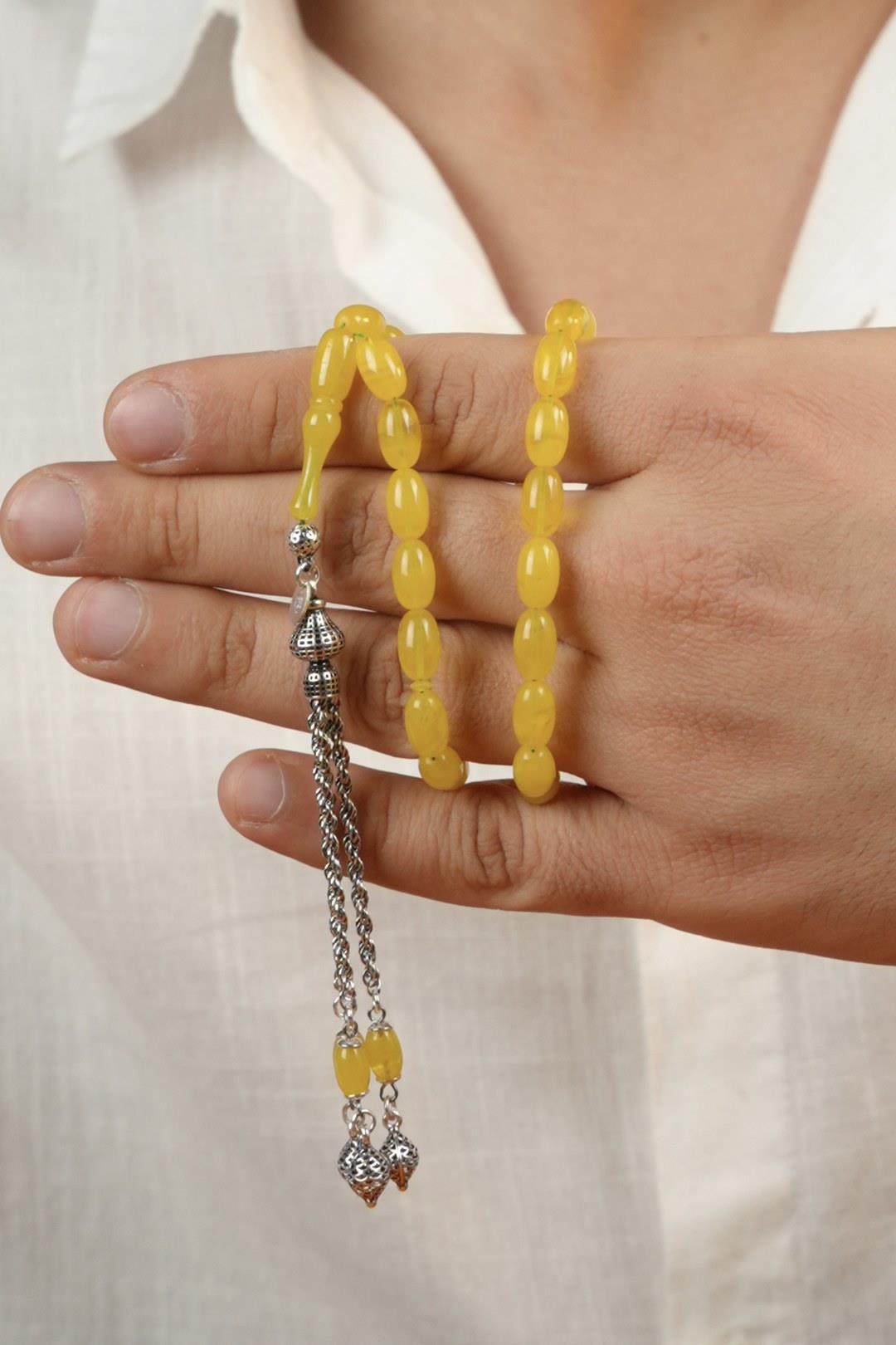 Eşref Serisi Gümüş Tasarım Hareli Sarı Sıkma Kehribar Tesbih