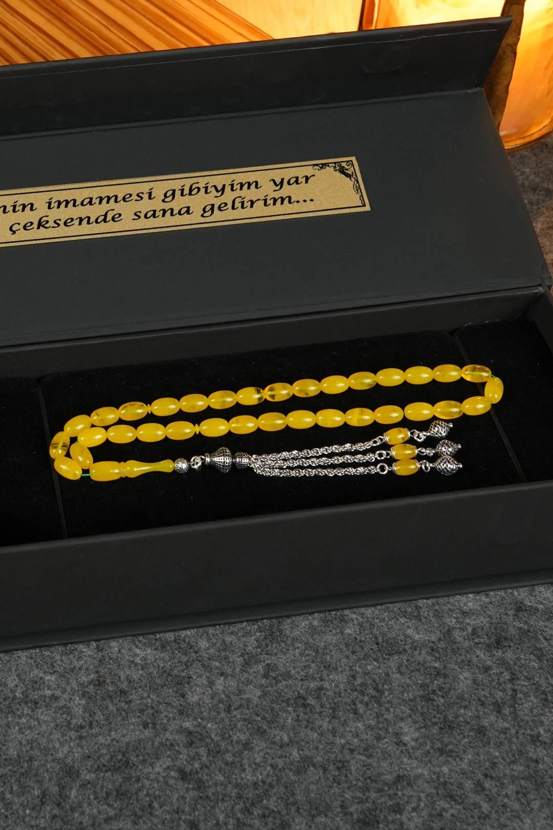 Eşref Serisi Gümüş Tasarım Hareli Sarı Sıkma Kehribar Tesbih