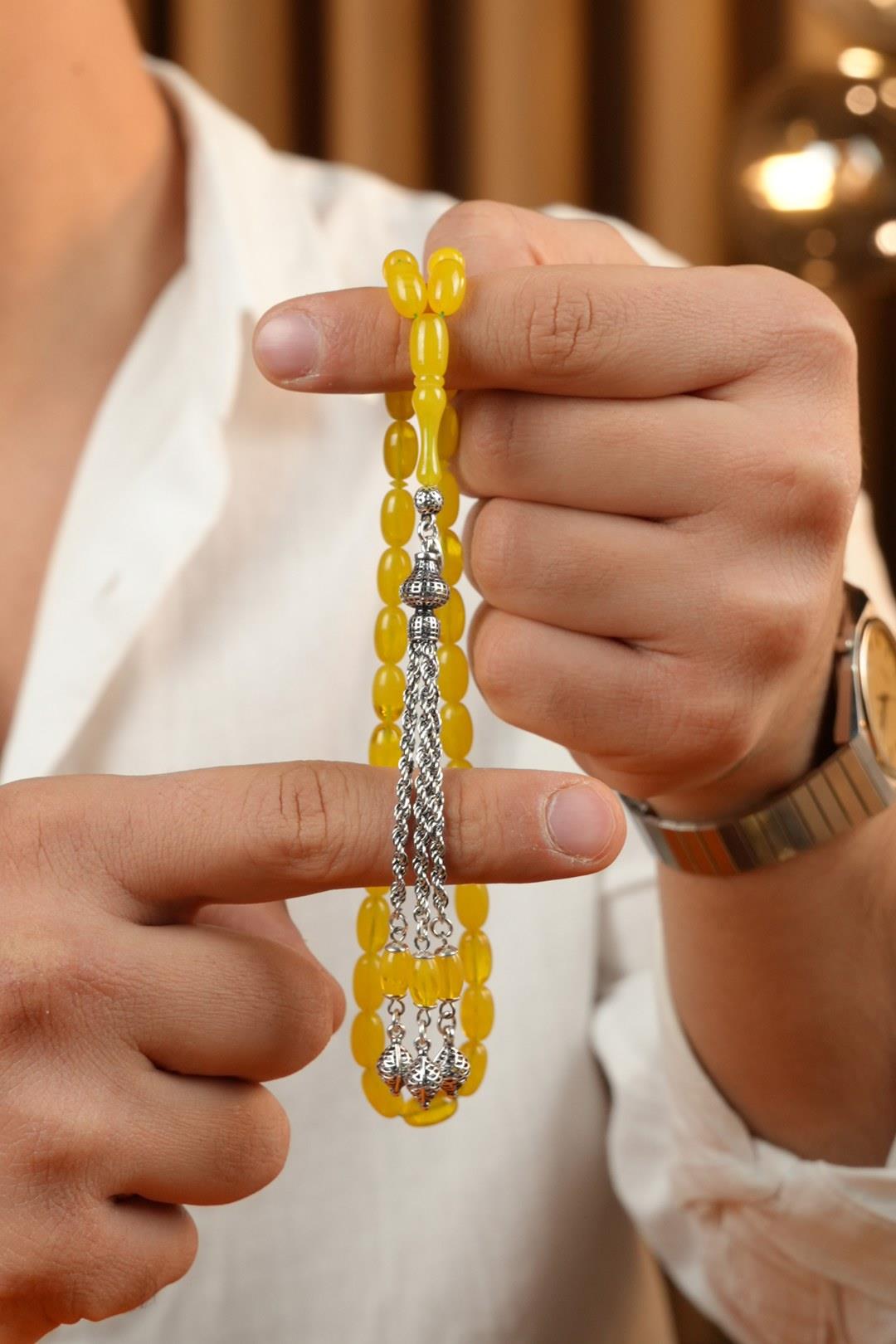 Eşref Serisi Gümüş Tasarım Hareli Sarı Sıkma Kehribar Tesbih